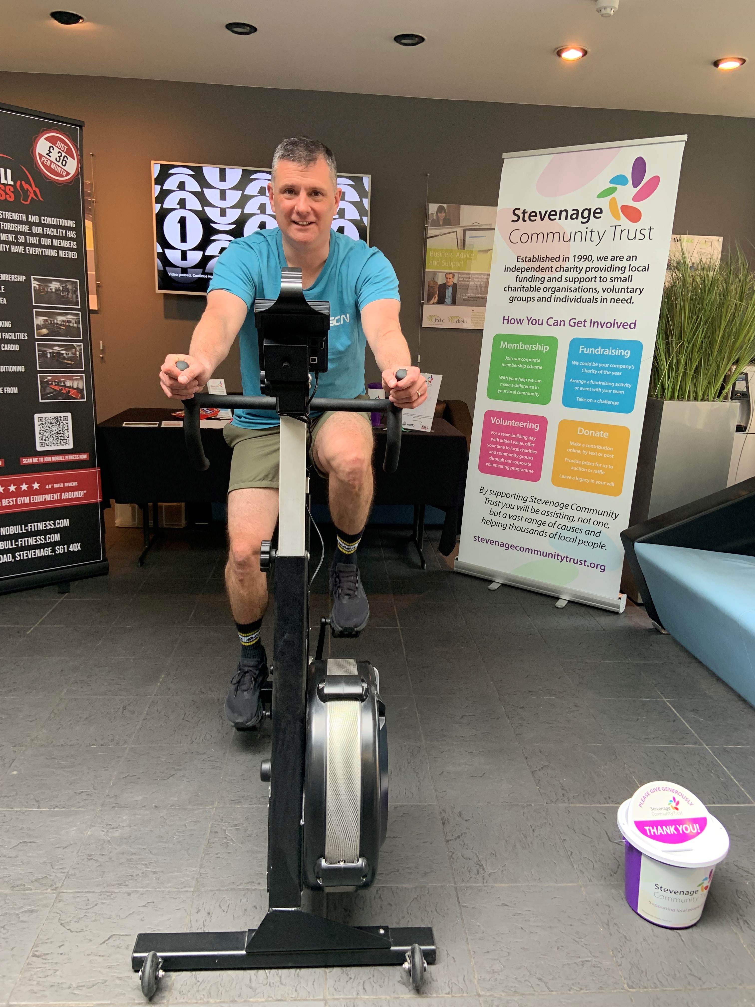 Joe from Sensible Staffing on the bike at the btc charity bike event